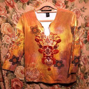 Colorful Hand Beaded Sequin Floral Long Sleeve Boho Top Cotton Spandex Size L